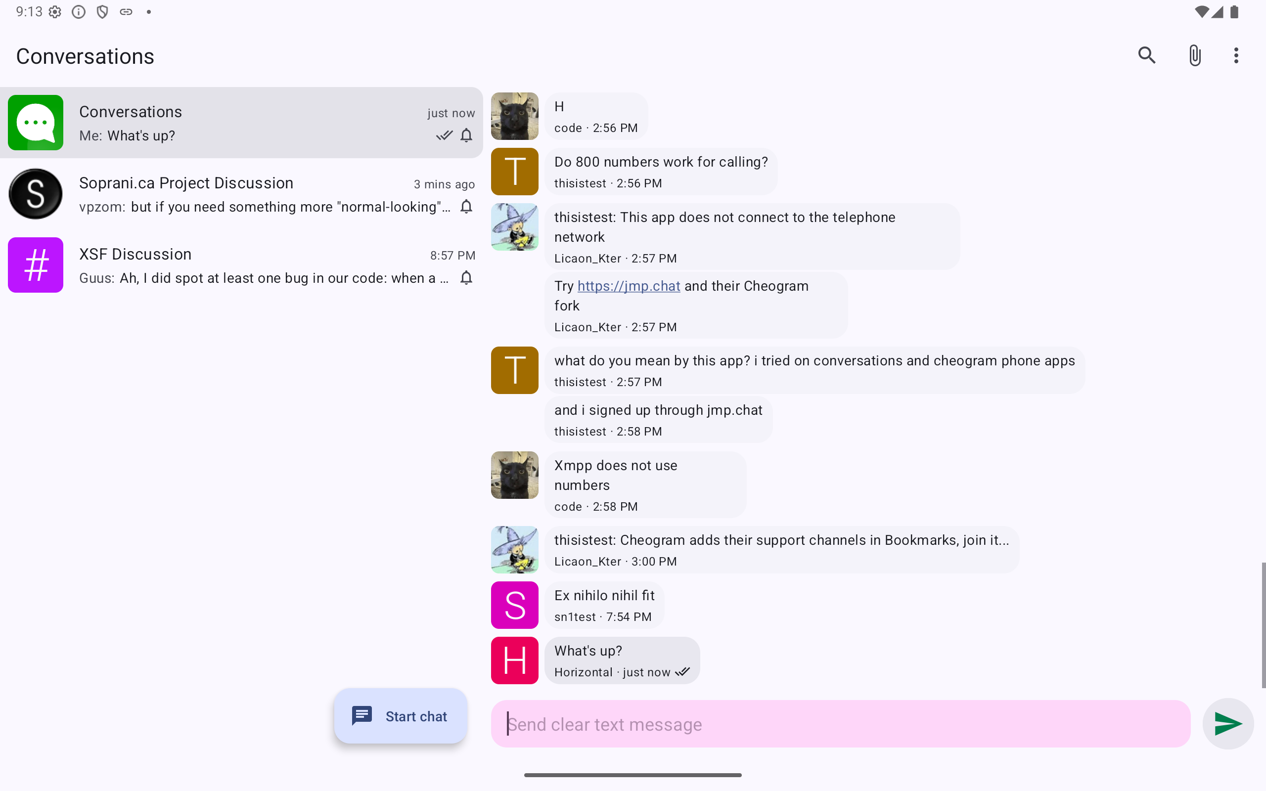 A screenshot of Conversations in tablet mode. The chat list is visible to the left hand side of the currently open chat. 