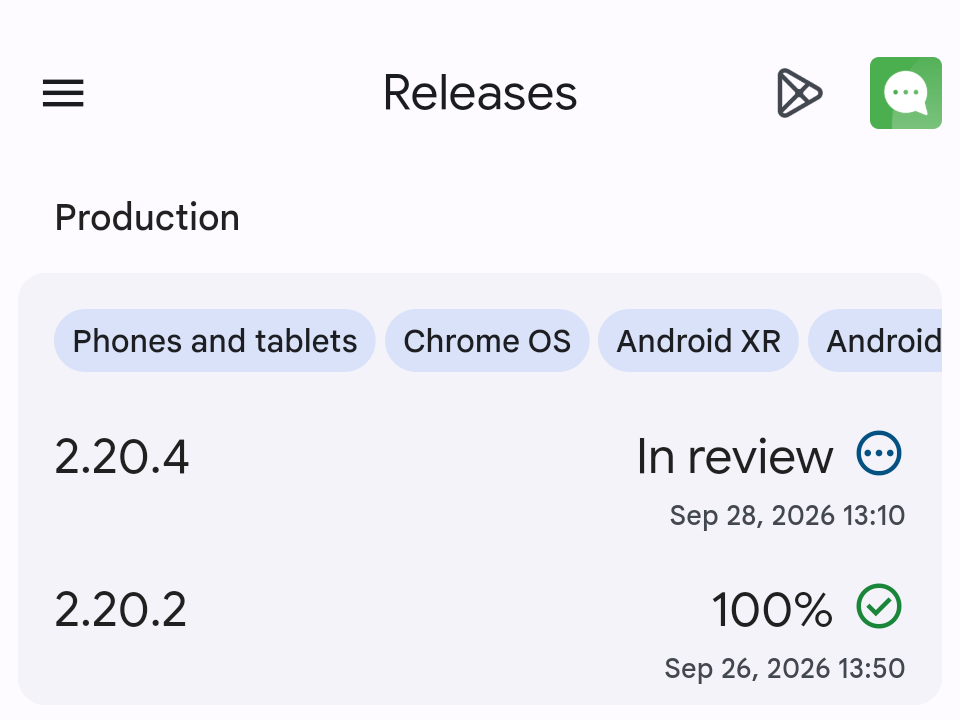 A screenshot from the Google Play Developer Console showing that version 2.20.4 has been in review since September 28th. 